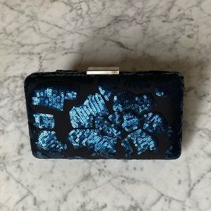 Tadashi Shoji blue sequin clutch with dust bag